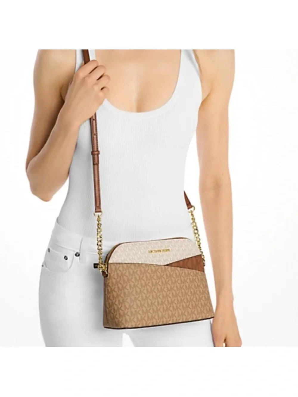 New Michael Kors Jet Set Travel Medium Dome Crossbody Camel Multi